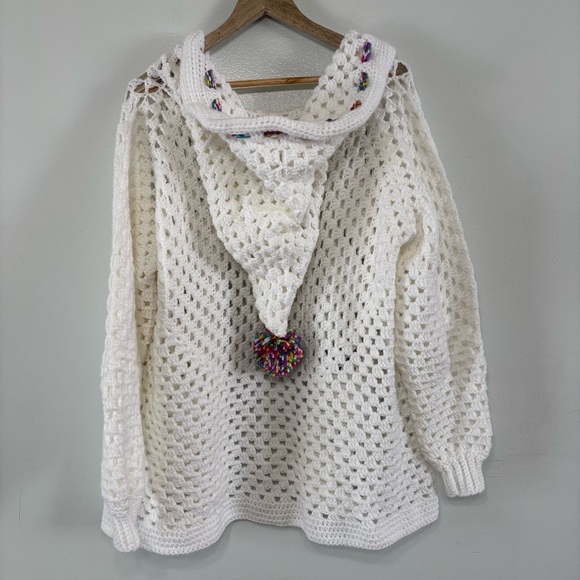 Handmade Chunky Crochet Rainbow PomPom Hooded Open Cardigan OS - Picture 3 of 3